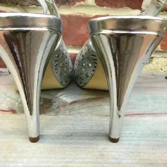 METAPHOR Platform Pump Heels Silver Cut Out Open Toe Sling Back Heels Size 9 - Picture 8 of 8